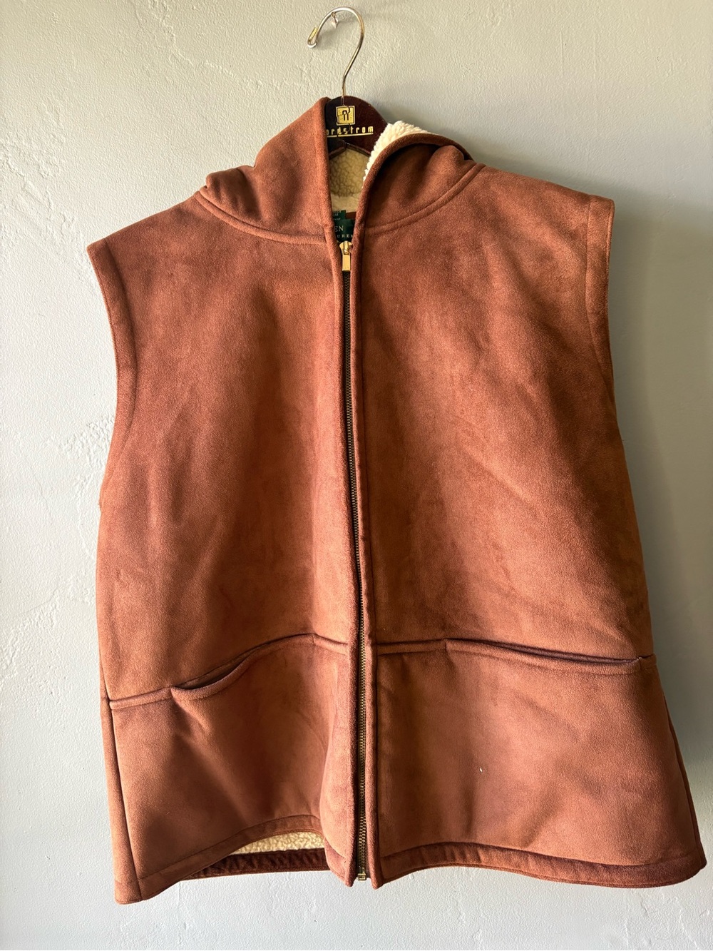 90s Lauren Ralph Lauren Faux Brown Suede Hooded Vest Women Sherpa Lined ~ XL